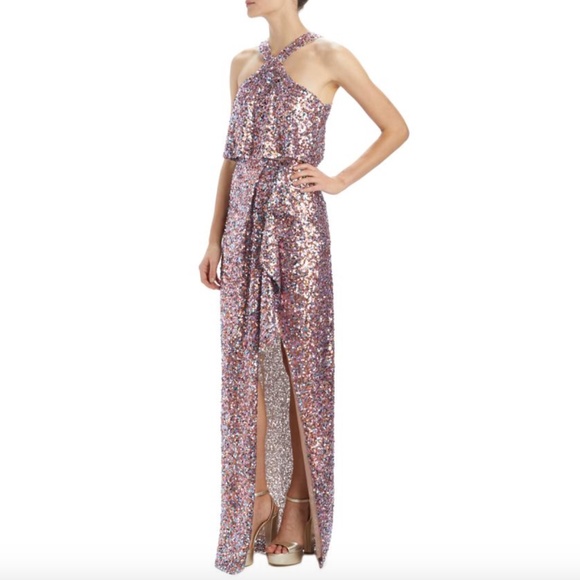ML MONIQUE LHUILLIER Halter Sequined Gown - Picture 3 of 6